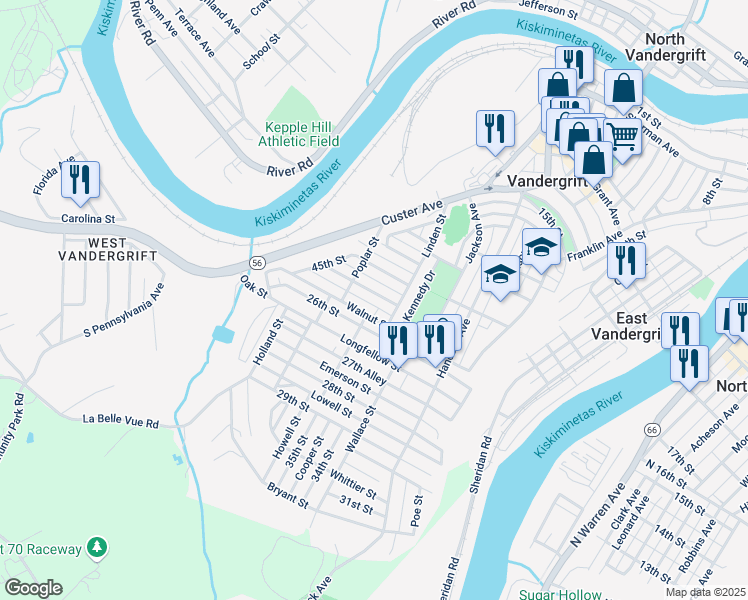 map of restaurants, bars, coffee shops, grocery stores, and more near 317 Sycamore St in Vandergrift