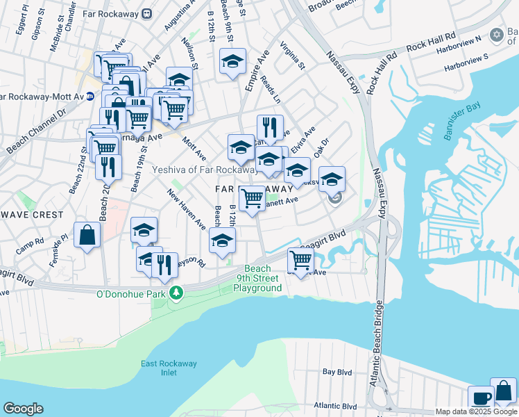 map of restaurants, bars, coffee shops, grocery stores, and more near 354 Beach 9th Street in Queens