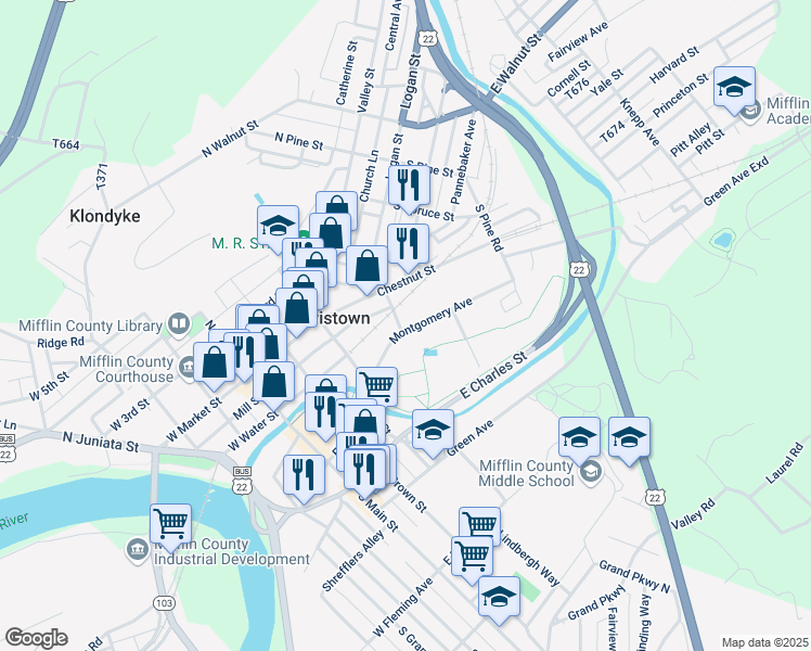 map of restaurants, bars, coffee shops, grocery stores, and more near 11 Montgomery Avenue in Lewistown