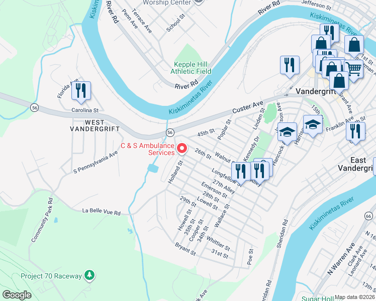 map of restaurants, bars, coffee shops, grocery stores, and more near 514 Longfellow Street in Vandergrift
