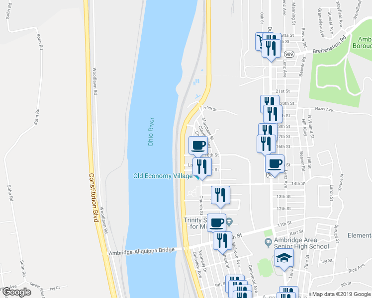map of restaurants, bars, coffee shops, grocery stores, and more near 1612 Ohio River Boulevard in Ambridge
