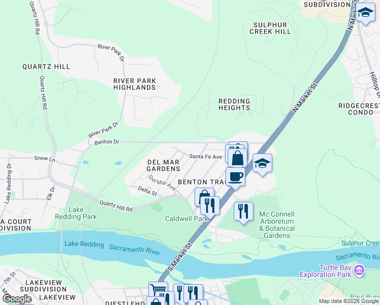map of restaurants, bars, coffee shops, grocery stores, and more near 645 Christine Avenue in Redding