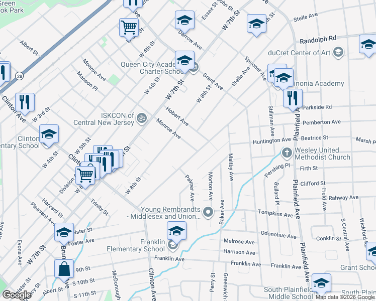 map of restaurants, bars, coffee shops, grocery stores, and more near 832 Monroe Avenue in Plainfield