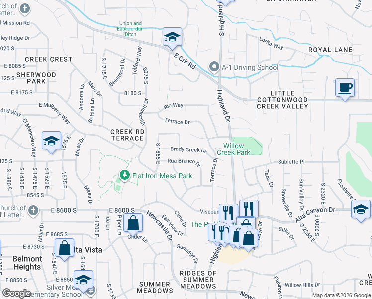 map of restaurants, bars, coffee shops, grocery stores, and more near 1944 Brady Creek Drive in Sandy