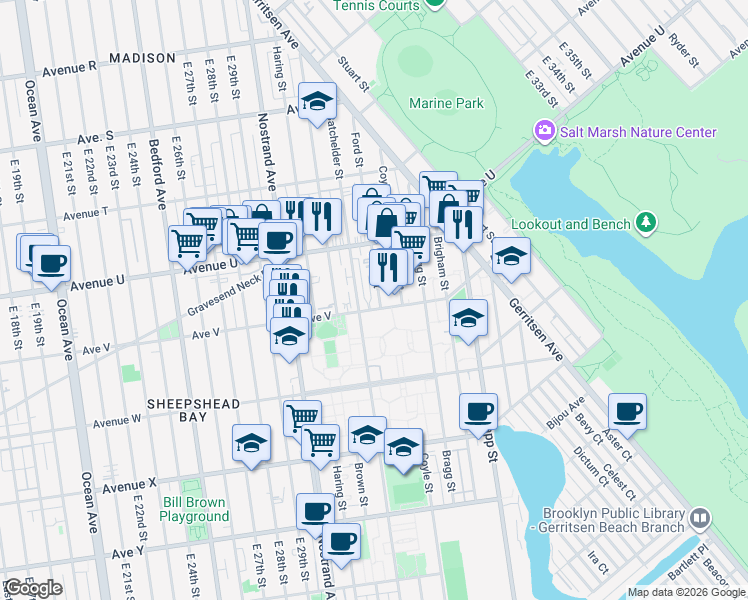map of restaurants, bars, coffee shops, grocery stores, and more near 2178 Ford Street in Brooklyn