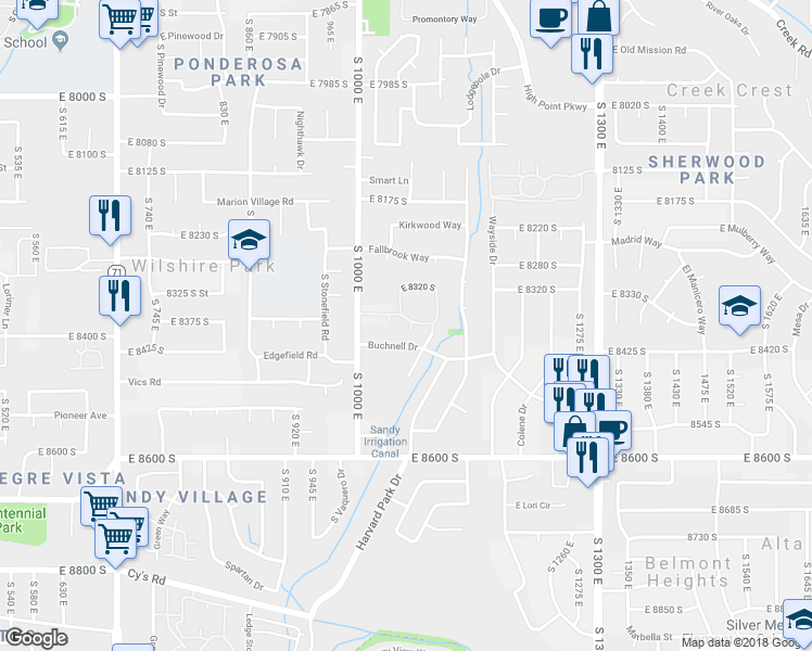 map of restaurants, bars, coffee shops, grocery stores, and more near 8384 South 1070 East in Sandy