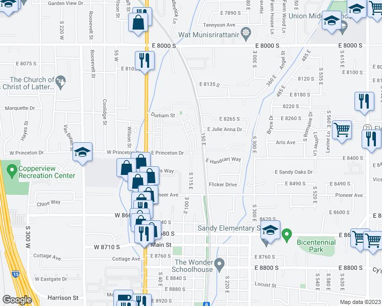 map of restaurants, bars, coffee shops, grocery stores, and more near 8393 South 115 East in Sandy