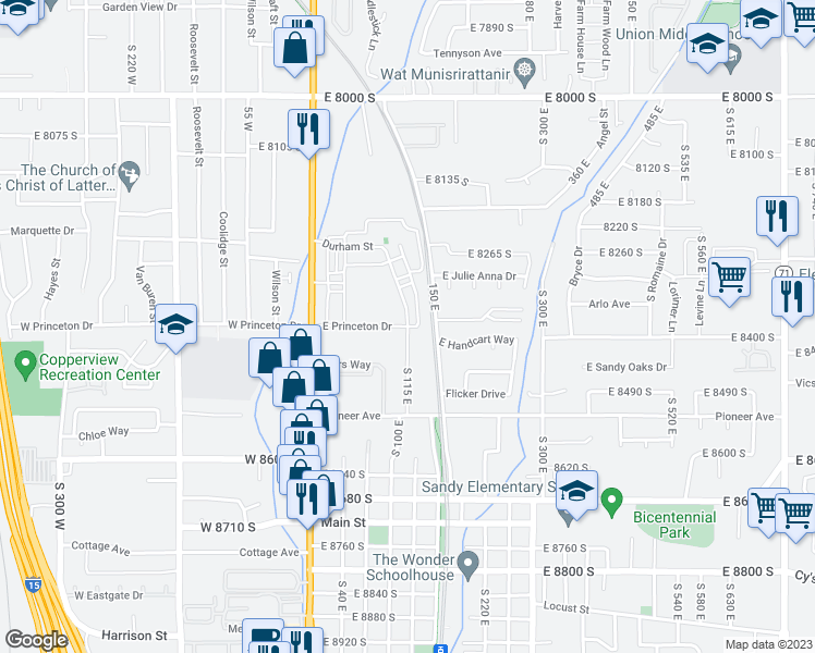 map of restaurants, bars, coffee shops, grocery stores, and more near 32 East Princeton Drive in Sandy