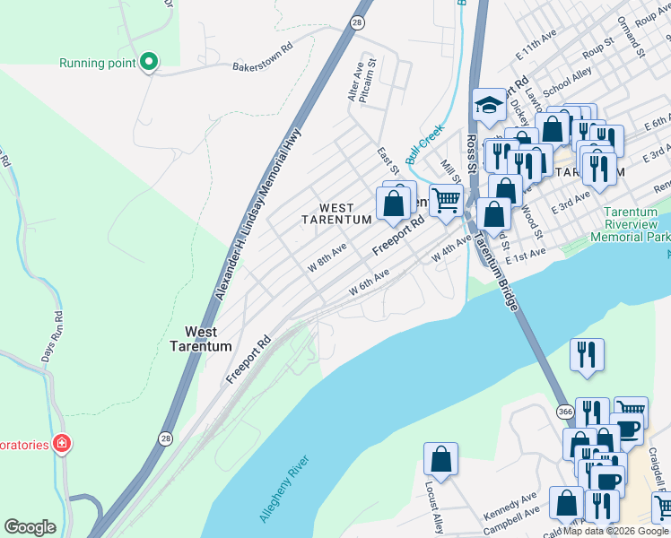 map of restaurants, bars, coffee shops, grocery stores, and more near 330 Heuser Way in Tarentum