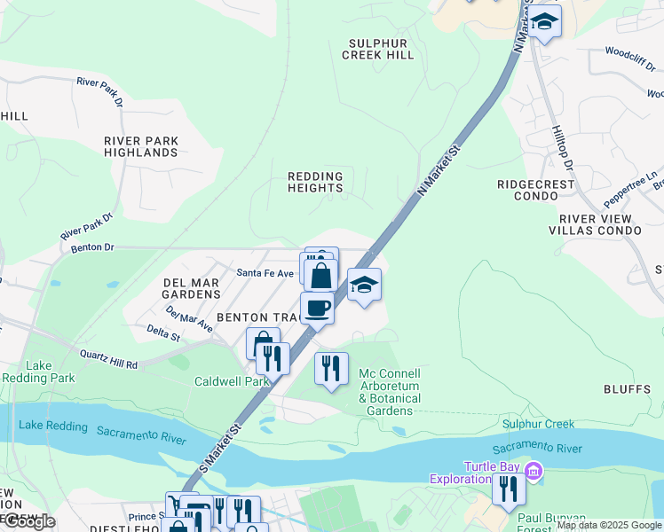 map of restaurants, bars, coffee shops, grocery stores, and more near 560 Loma Street in Redding
