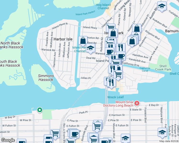 map of restaurants, bars, coffee shops, grocery stores, and more near 28 Radcliffe Road in Island Park