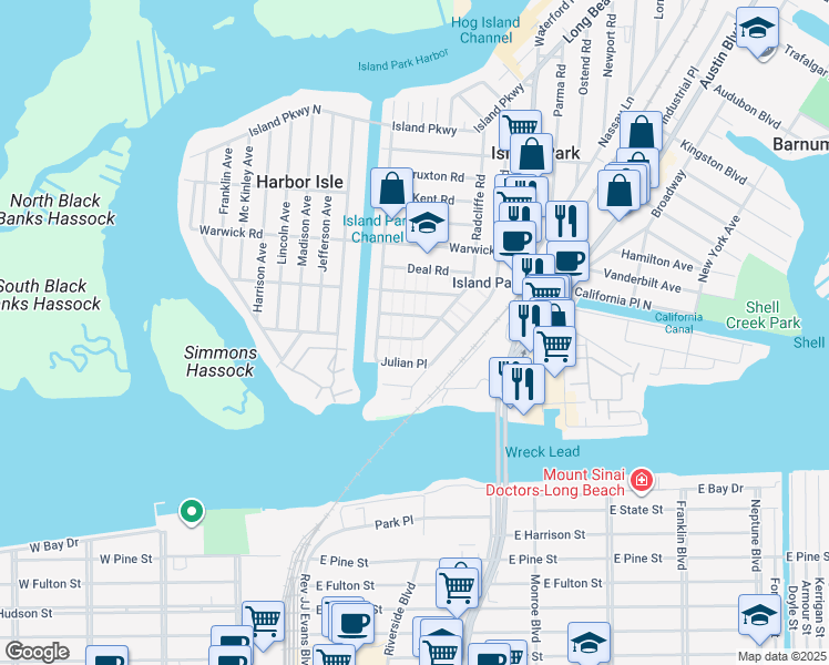 map of restaurants, bars, coffee shops, grocery stores, and more near 28 Radcliffe Road in Island Park