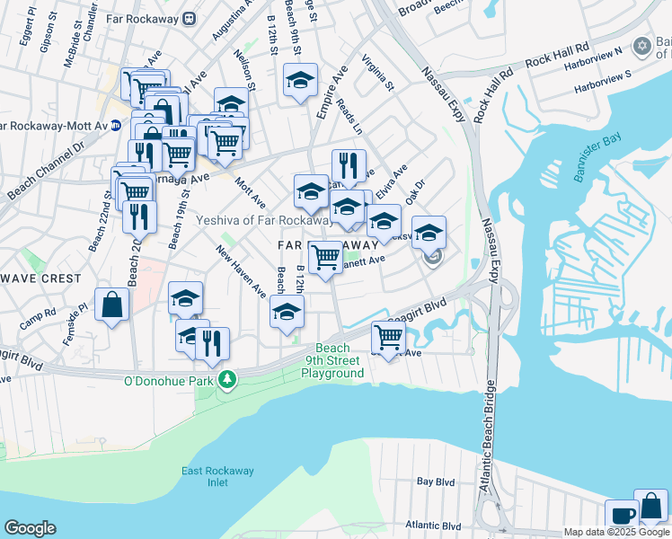map of restaurants, bars, coffee shops, grocery stores, and more near 354 Beach 9th Street in Queens