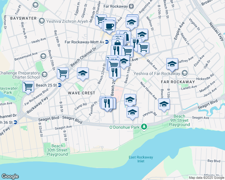 map of restaurants, bars, coffee shops, grocery stores, and more near 496 Beach 20th Street in Queens