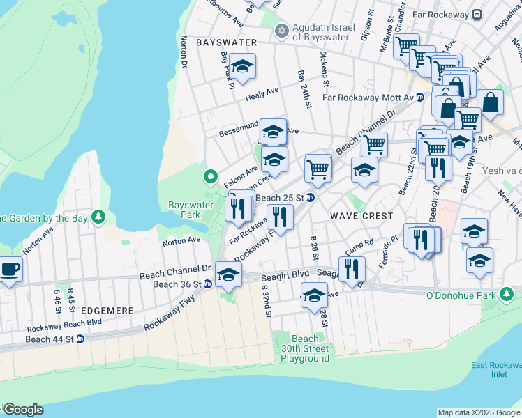 map of restaurants, bars, coffee shops, grocery stores, and more near 2959 Beach Channel Drive in Queens