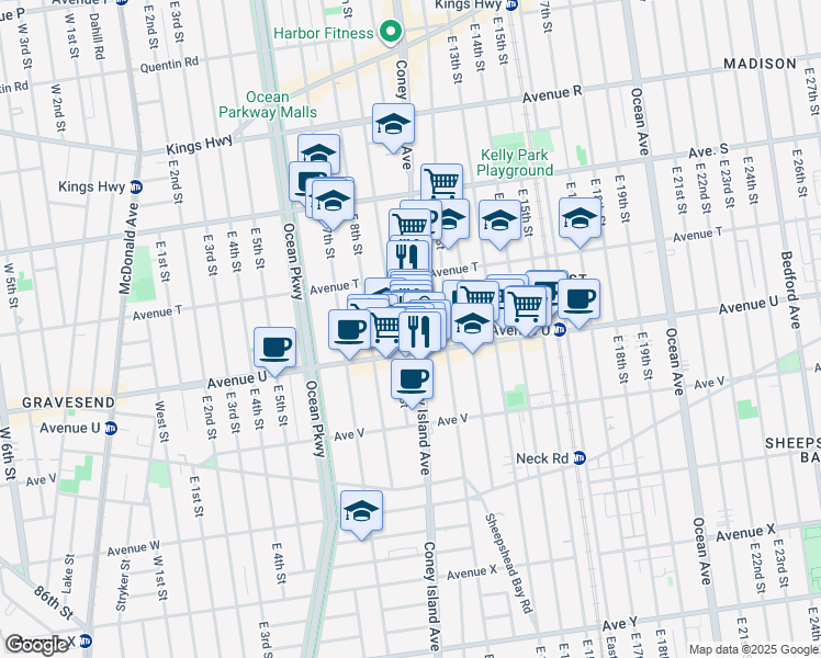 map of restaurants, bars, coffee shops, grocery stores, and more near 2059 East 9th Street in Brooklyn