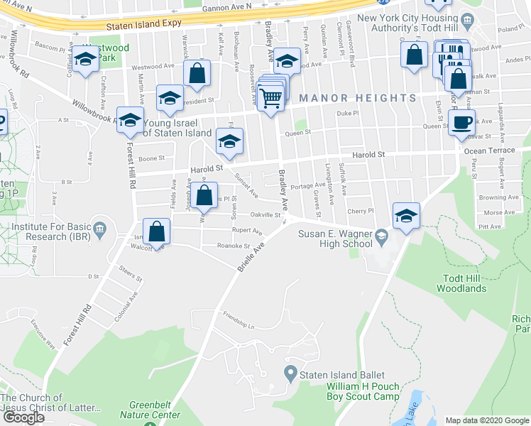 map of restaurants, bars, coffee shops, grocery stores, and more near 13 Oakville Street in Staten Island