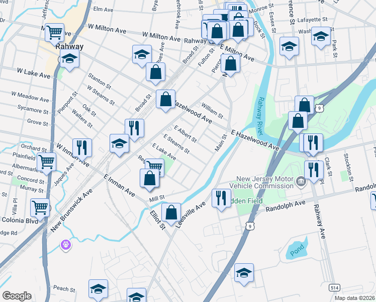 map of restaurants, bars, coffee shops, grocery stores, and more near 276 East Stearns Street in Rahway