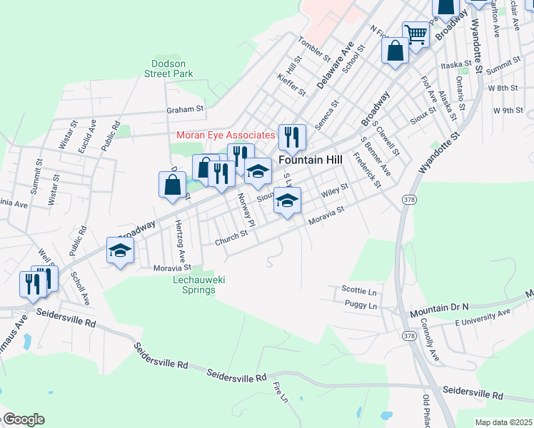 map of restaurants, bars, coffee shops, grocery stores, and more near 623 Forrest Street in Fountain Hill
