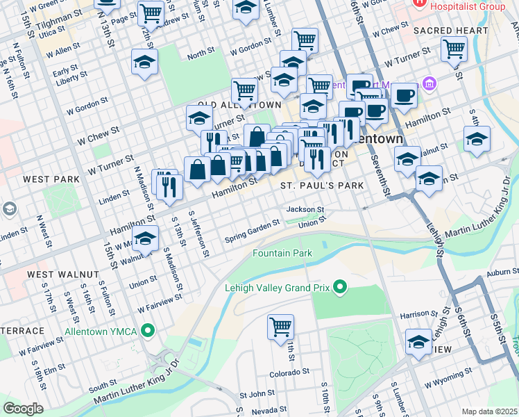 map of restaurants, bars, coffee shops, grocery stores, and more near 1029 Walnut Street in Allentown