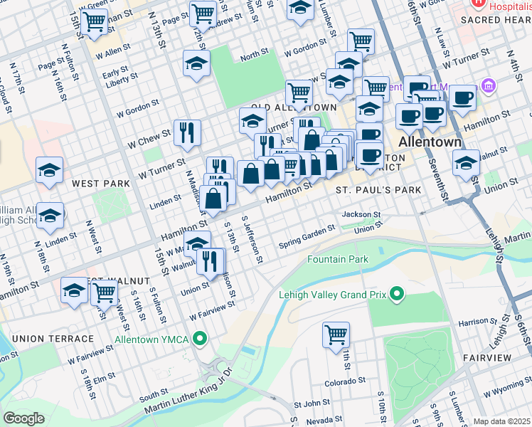map of restaurants, bars, coffee shops, grocery stores, and more near 17 South 12th Street in Allentown