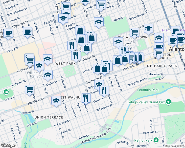map of restaurants, bars, coffee shops, grocery stores, and more near 25 North 14th Street in Allentown