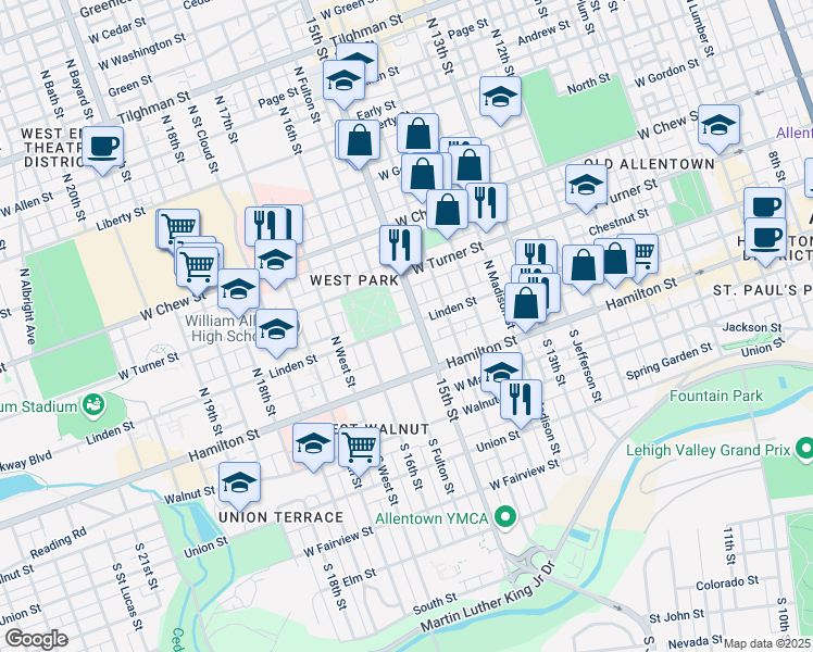 map of restaurants, bars, coffee shops, grocery stores, and more near 44 North 15th Street in Allentown