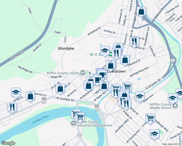 map of restaurants, bars, coffee shops, grocery stores, and more near 3 East 3rd Street in Lewistown
