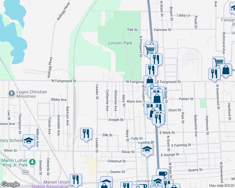 map of restaurants, bars, coffee shops, grocery stores, and more near 608 Universal Avenue in Marion
