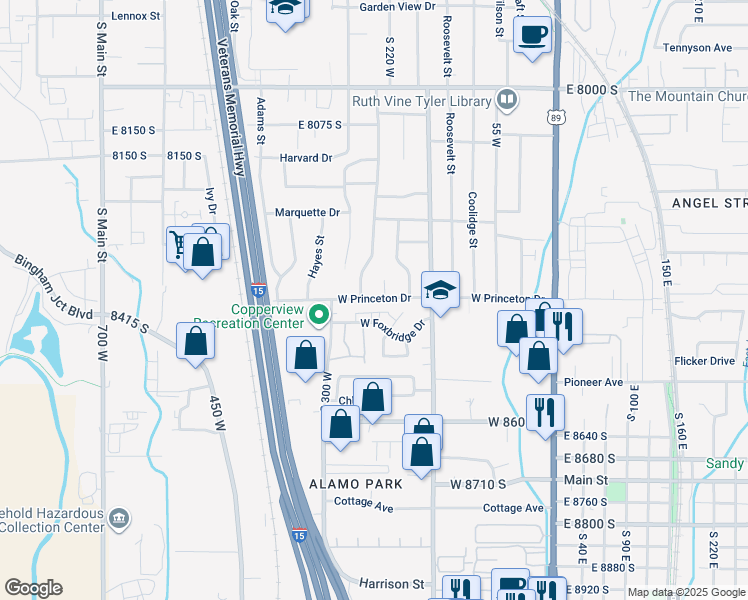 map of restaurants, bars, coffee shops, grocery stores, and more near 239 8375 South in Midvale