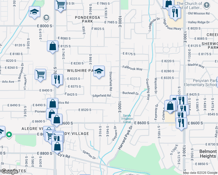map of restaurants, bars, coffee shops, grocery stores, and more near 8388 Stonefield Rd in Sandy