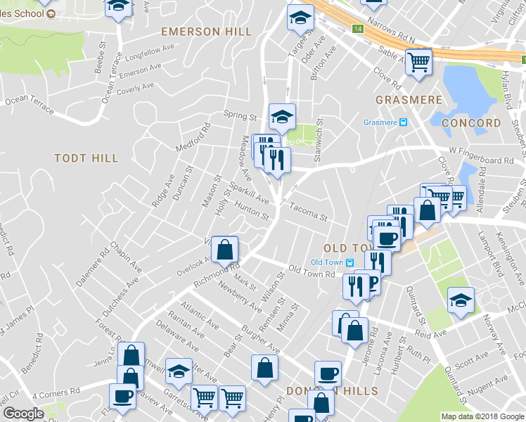 map of restaurants, bars, coffee shops, grocery stores, and more near 19 Hunton Street in Staten Island