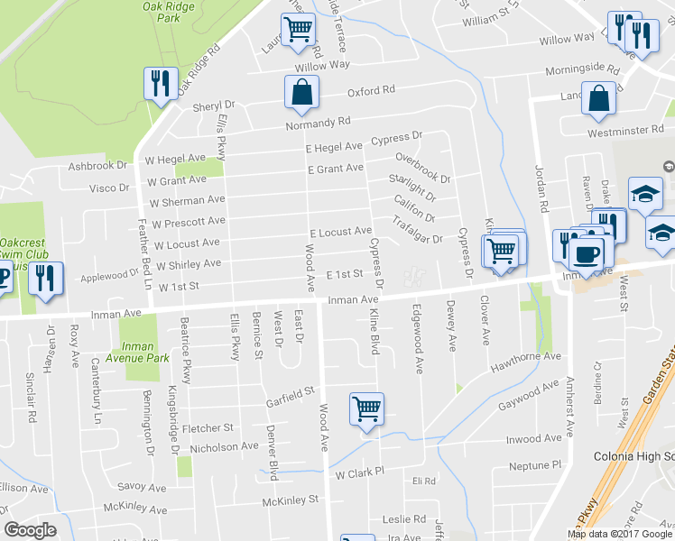map of restaurants, bars, coffee shops, grocery stores, and more near 38 East 1st Street in Woodbridge Township