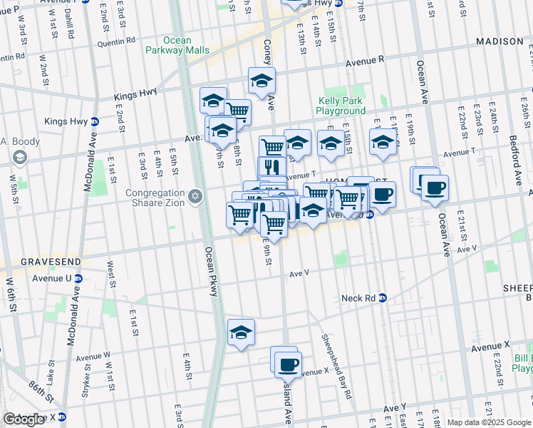 map of restaurants, bars, coffee shops, grocery stores, and more near 2059 East 9th Street in Brooklyn
