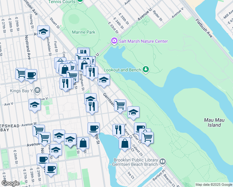 map of restaurants, bars, coffee shops, grocery stores, and more near 2401 Stuart Street in Brooklyn