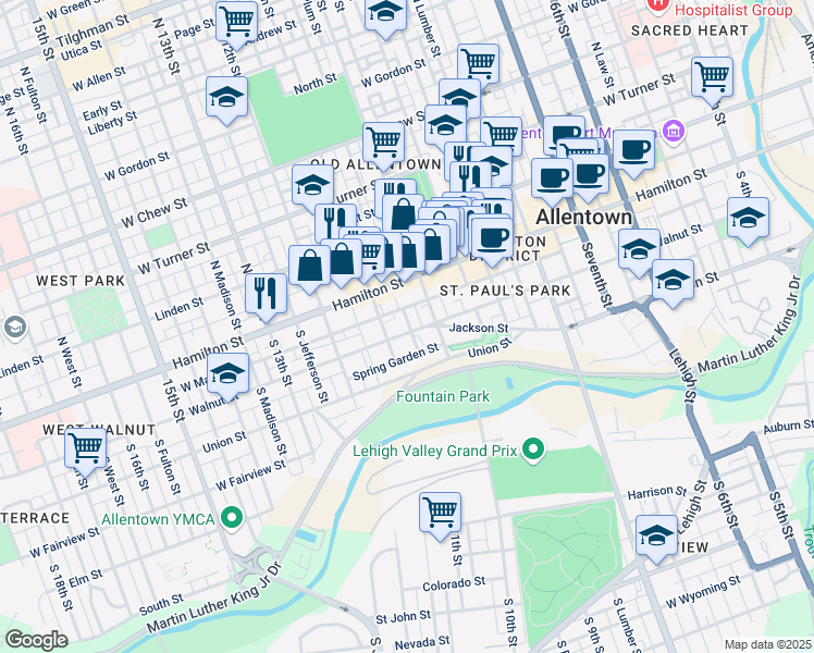 map of restaurants, bars, coffee shops, grocery stores, and more near 1027 Walnut Street in Allentown
