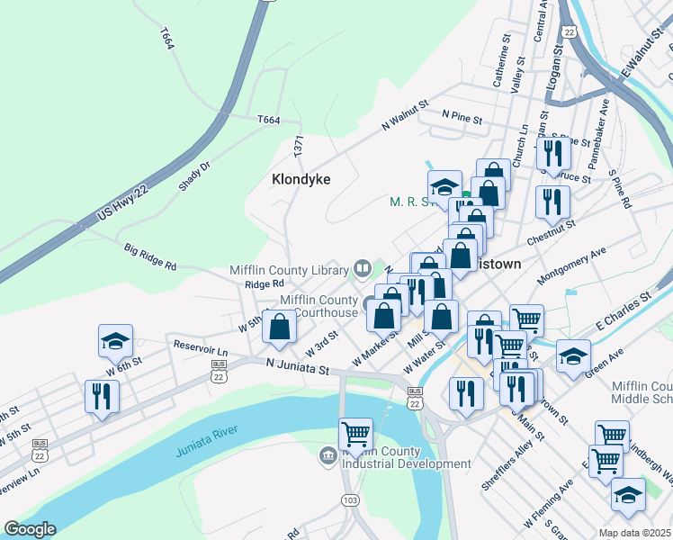 map of restaurants, bars, coffee shops, grocery stores, and more near 208 North Wayne Street in Lewistown
