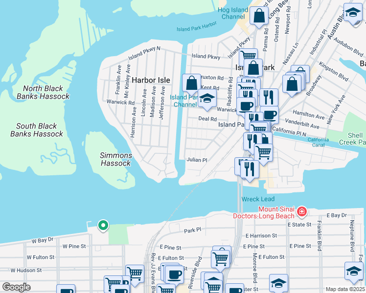 map of restaurants, bars, coffee shops, grocery stores, and more near 24 Suffolk Road in Island Park