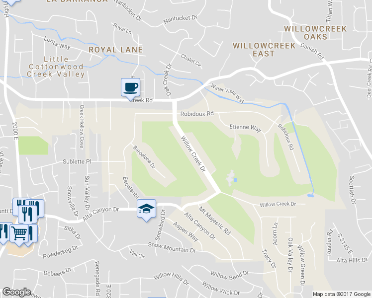 map of restaurants, bars, coffee shops, grocery stores, and more near 8370 Willow Creek Drive in Sandy