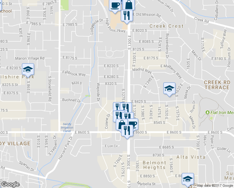 map of restaurants, bars, coffee shops, grocery stores, and more near 8381 Colene Drive in Sandy
