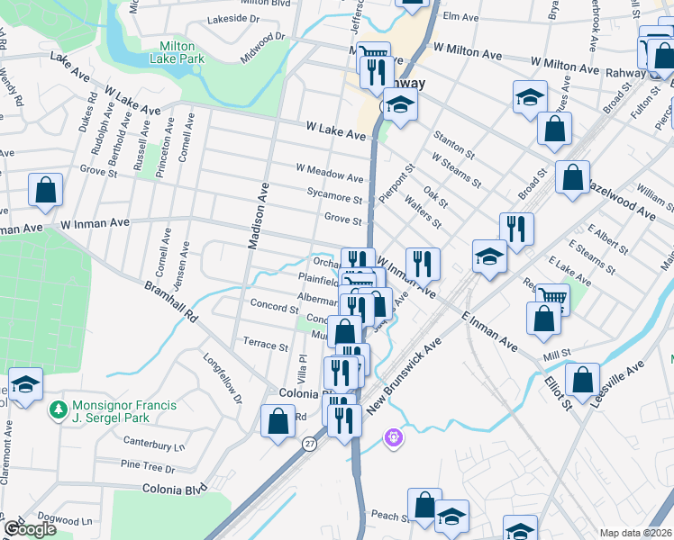 map of restaurants, bars, coffee shops, grocery stores, and more near 280 Orchard Street in Rahway