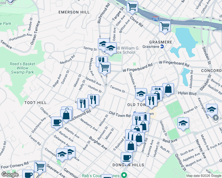 map of restaurants, bars, coffee shops, grocery stores, and more near 16 Tacoma Street in Staten Island