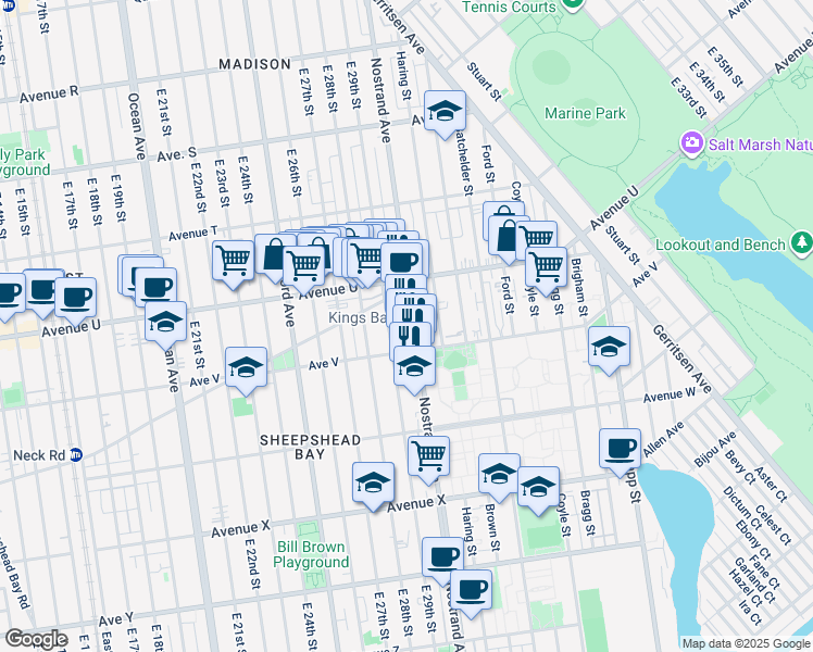 map of restaurants, bars, coffee shops, grocery stores, and more near 2153 East 29th Street in Brooklyn