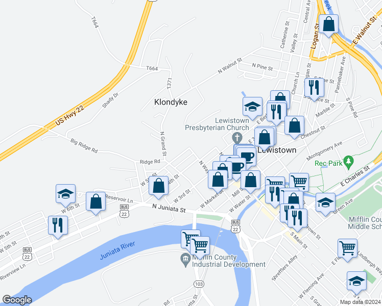 map of restaurants, bars, coffee shops, grocery stores, and more near 208 North Wayne Street in Lewistown