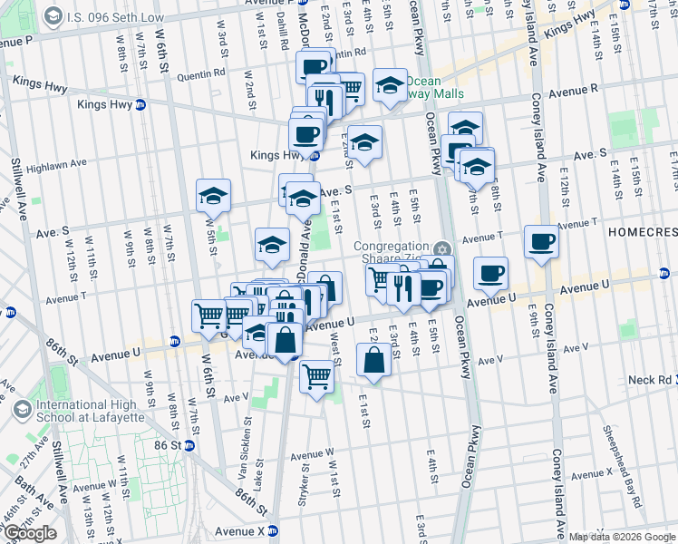 map of restaurants, bars, coffee shops, grocery stores, and more near 2026 East 1st Street in Brooklyn