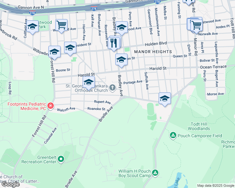 map of restaurants, bars, coffee shops, grocery stores, and more near 13 Oakville Street in Staten Island