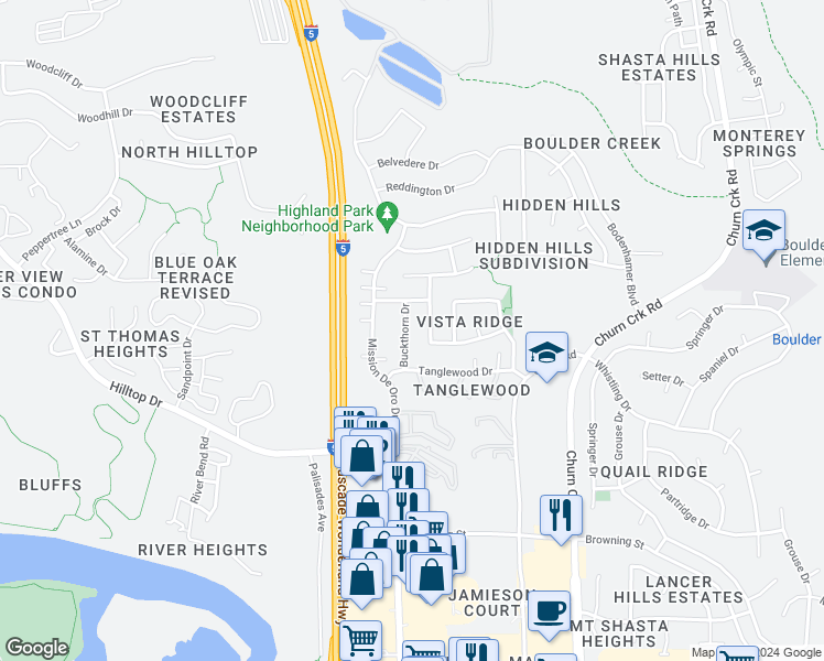 map of restaurants, bars, coffee shops, grocery stores, and more near 641 Buckthorn Drive in Redding
