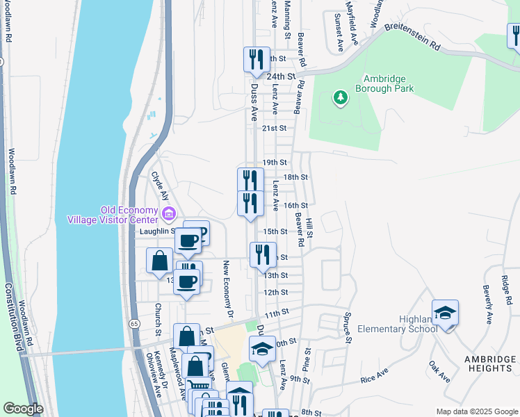 map of restaurants, bars, coffee shops, grocery stores, and more near 1598 Duss Avenue in Ambridge