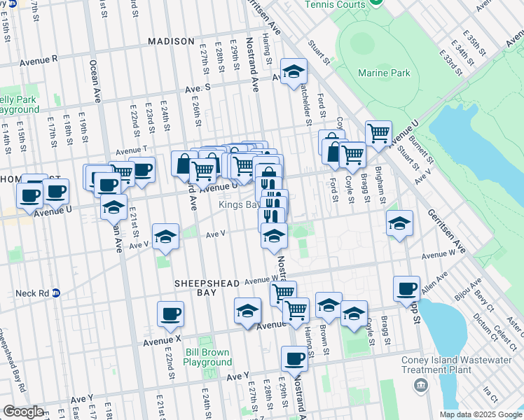 map of restaurants, bars, coffee shops, grocery stores, and more near 2153 East 29th Street in Brooklyn