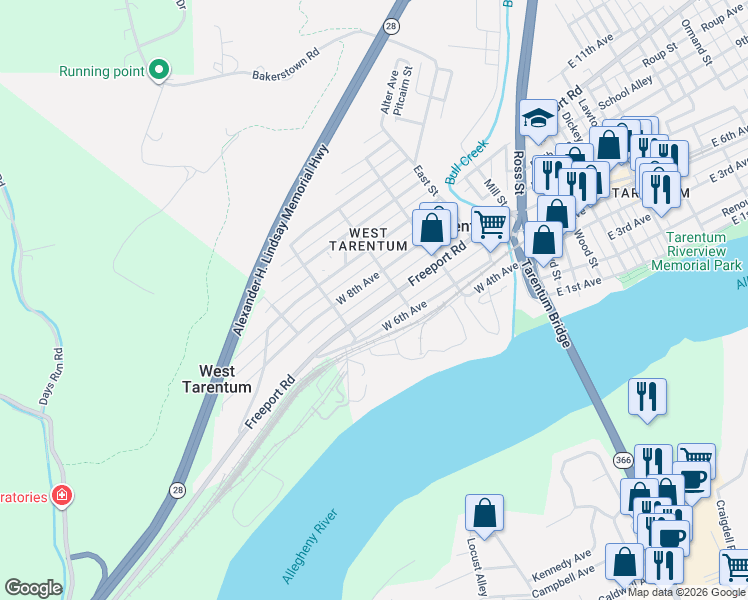 map of restaurants, bars, coffee shops, grocery stores, and more near 330 Heuser Way in Tarentum